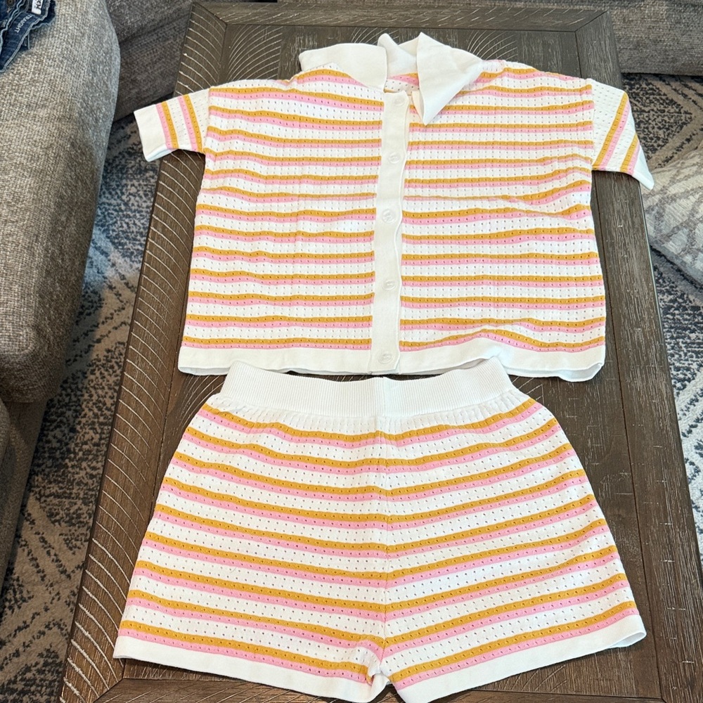 Striped Knit Two-Piece Set - Pink, Orange, White